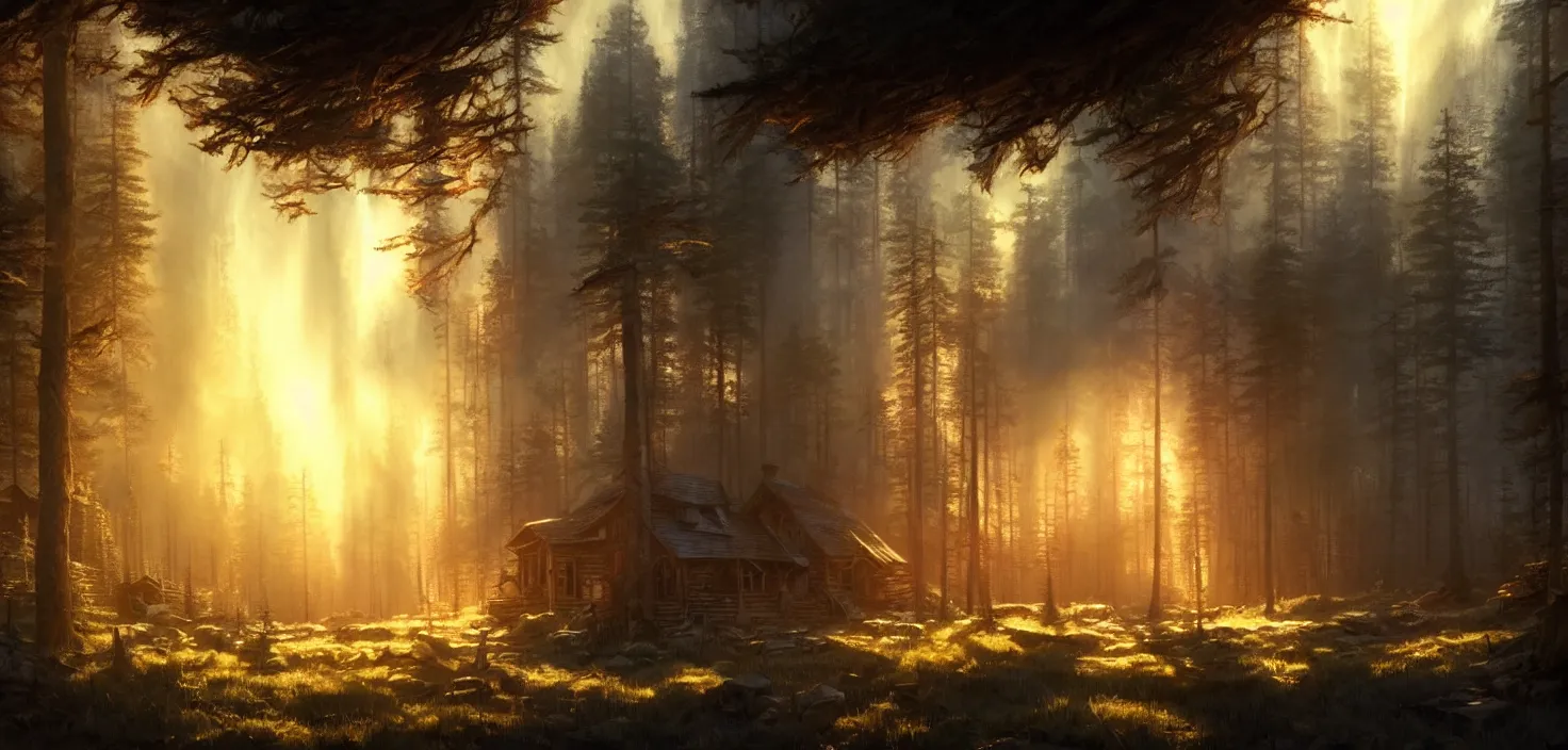 Image similar to concept art of an inside of a cabin in the woods closeup, cinematic view, epic sunny sky, detailed, concept art, high detail, warm lighting, volumetric, godrays, vivid, beautiful, trending on artstation, by jordan grimmer, huge scene, art greg rutkowski