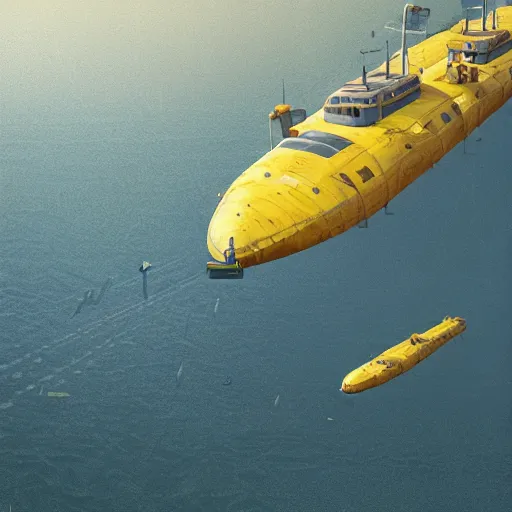 Prompt: a highly detailed of many yellow submarines traffic jam in the sky by sparth and jeff simpson and tyler edlin and, photo, photo real, octane render, vray, brilliantly colored