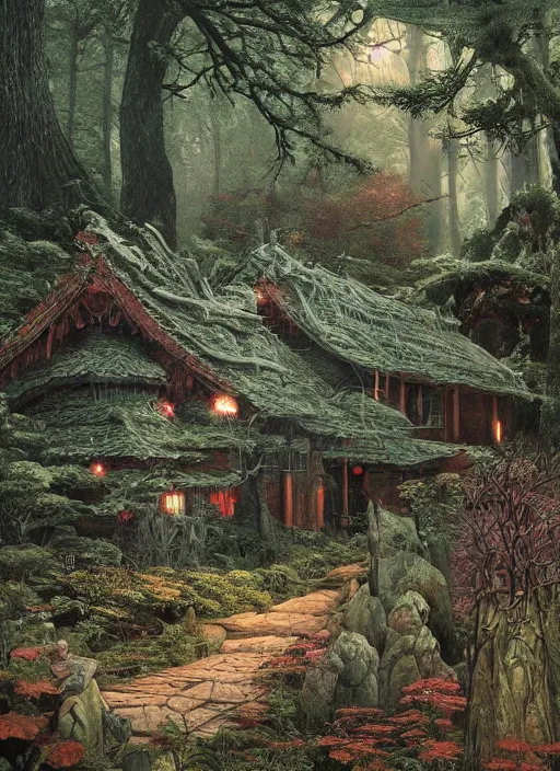 Image similar to hyper realistic witch cottage japanese shrine in the woods gorgeous lighting, highly detailed, lush forest painting by zdzisław beksinski and norman rockwell and greg rutkowskiweta studio, and lucasfilm