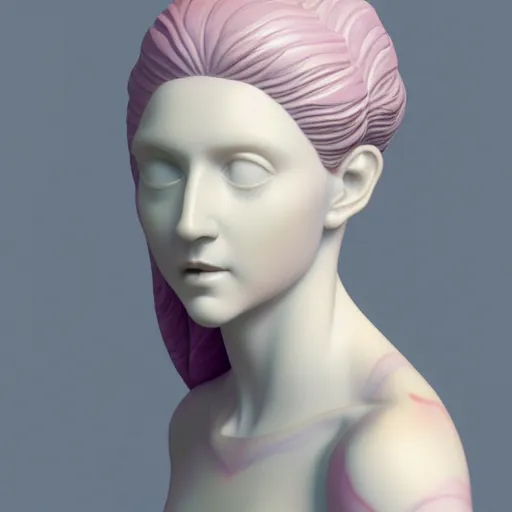 Prompt: a portrait of a marble statue woman, in the style of constantin brancusi and wes anderson, kawaii style, detailed, pastel colors, 3D, octane render, trending on artstation