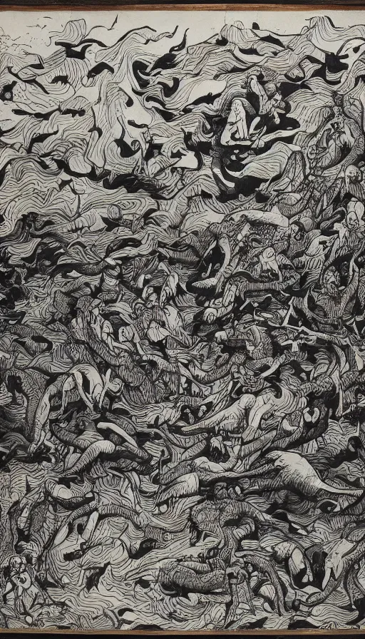Prompt: man on boat crossing a body of water in hell with creatures in the water, sea of souls, by zeng fanzhi
