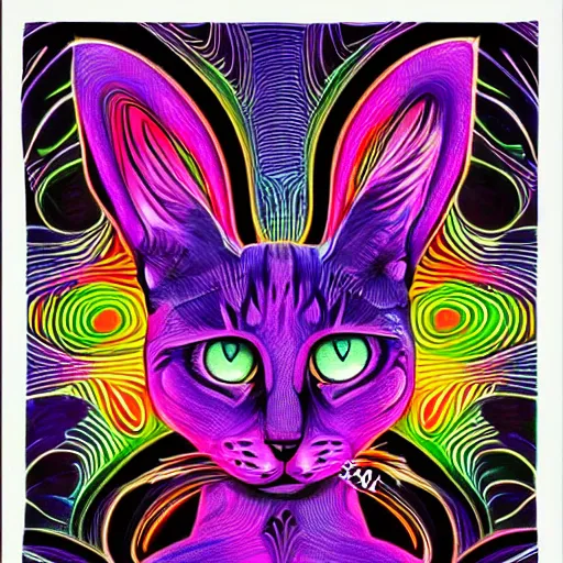 Image similar to a psychedelic image of a cat and a person standing in front of it, poster art by lisa frank, featured on deviantart, psychedelic art, psychedelic, mystical, hypnotic