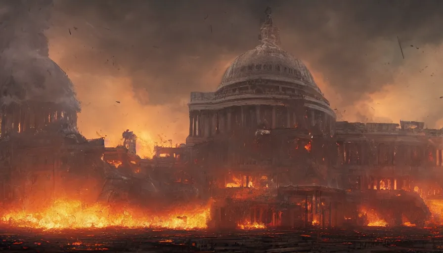 Image similar to destroyed capitol on fire, collepsing dome, hyperdetailed, artstation, cgsociety, 8 k