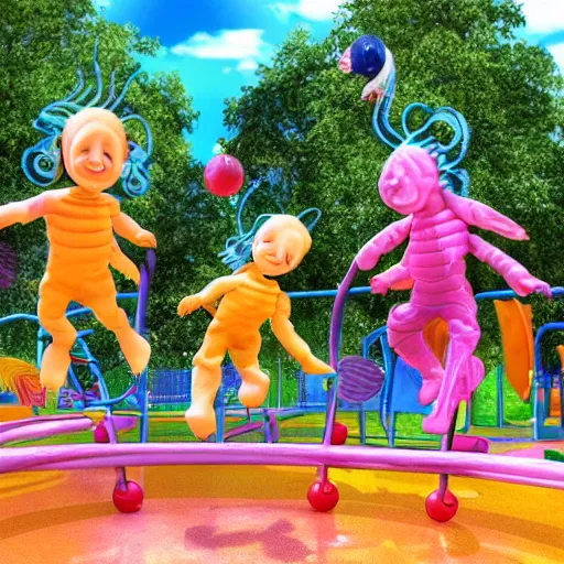 Prompt: a beautiful photo of baby aliens having fun at a playground, very detailed, masterpiece, photorealistic