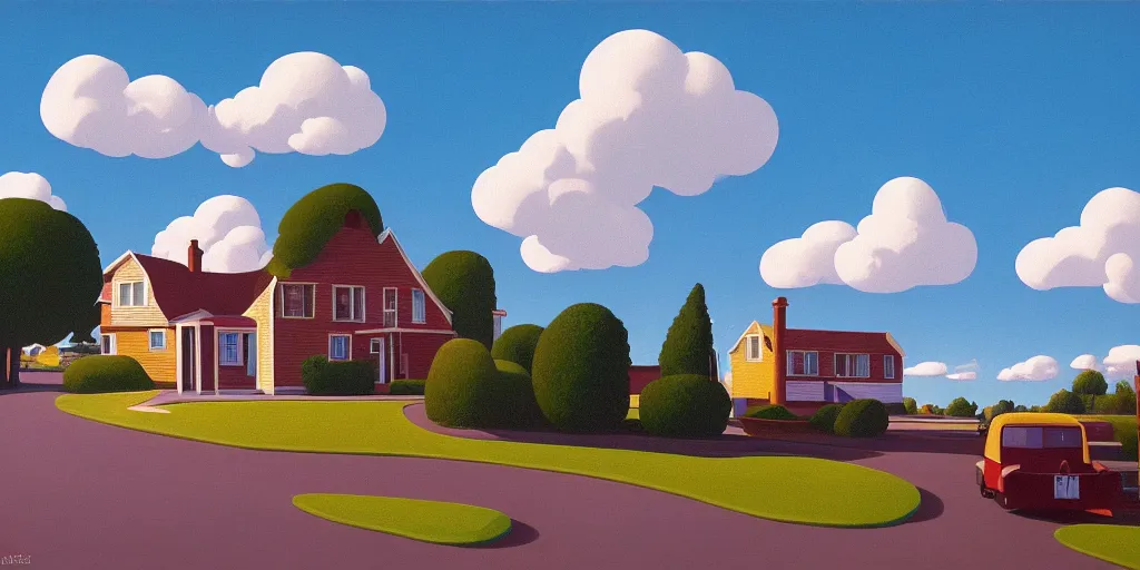 Image similar to the simpsons house clouds, blue sky, summer evening, kenton nelson