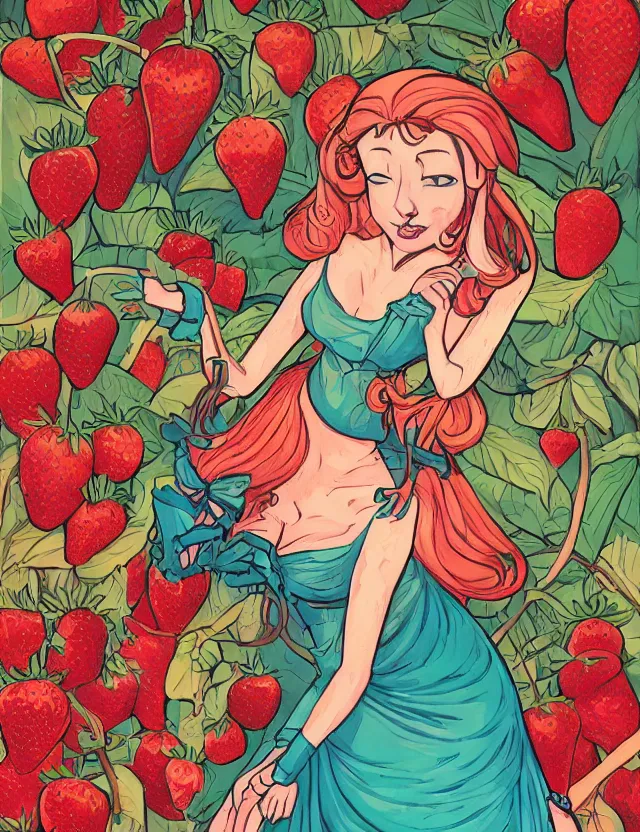 Prompt: princess of the strawberry cream valley. this heavily stylized gouache painting by the indie comic artist has interesting color contrasts, plenty of details and impeccable lighting.