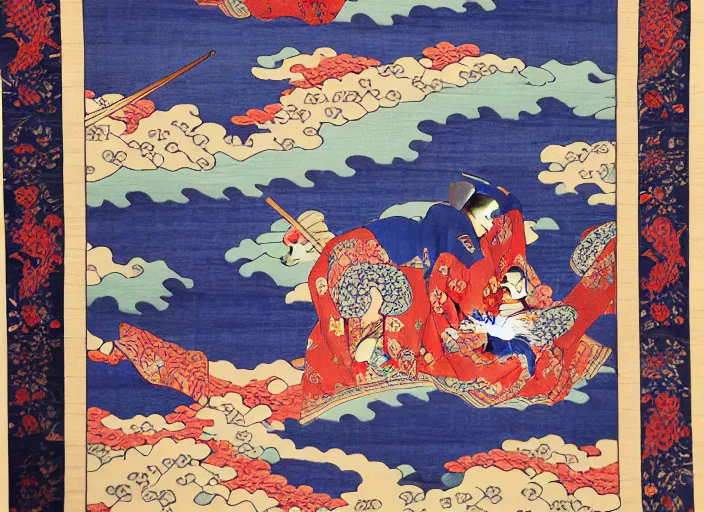 Image similar to Ukiyo-e style tapestry, Japanese, Persian carpet