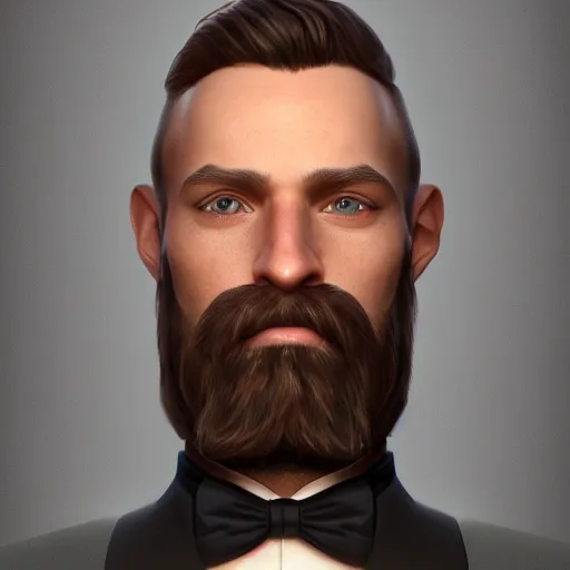 Prompt: a highly detailed portrait of a man, with a brown short beard and short hair, blue eyes, wearing a tuxedo, artstation, deviantart, professional, unreal engine 5, photorealistic