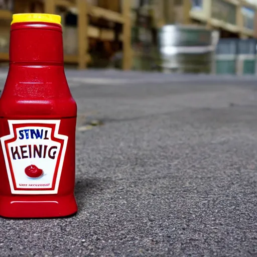 Image similar to a heinz ketchup bottle lying on a cement floor