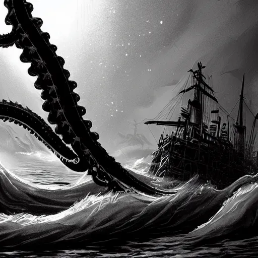 Image similar to kraken devours a huge ship in the style of kentaro miura, 4 k, 8 k, absolute detail of even the smallest details and particles, beautiful shadows, beautiful art, black and white drawing