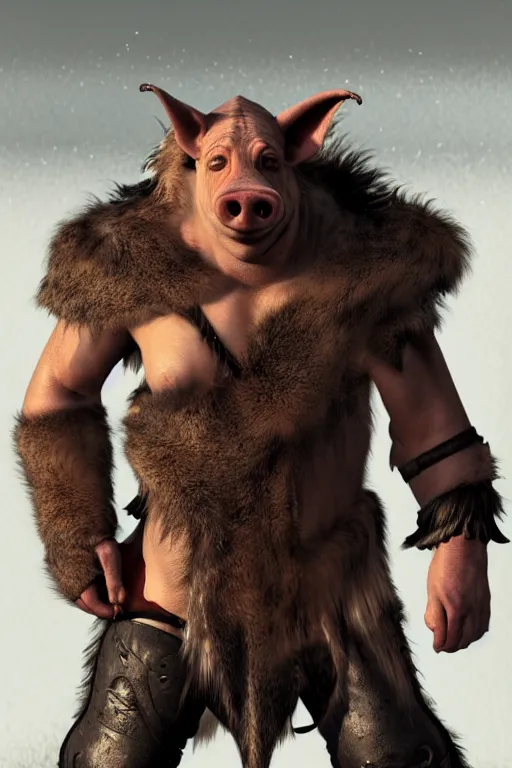 Image similar to A full body shot of a handsome orc-((pig)) looking into the camera wearing a leather fur jacket and boots, full body shot, detailed face, portrait, artstation, realistic, highly detailed, symmetrical, D&D, Dungeons & Dragons, hyper realistic, dynamic pose, high detail, octane render, unreal engine, 8k, fantasy art, highly detailed, concept art