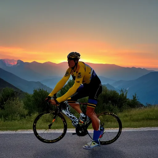 Prompt: lance armstrong cycling in the pyrenees mountains, sunset, vista, daunting, speed