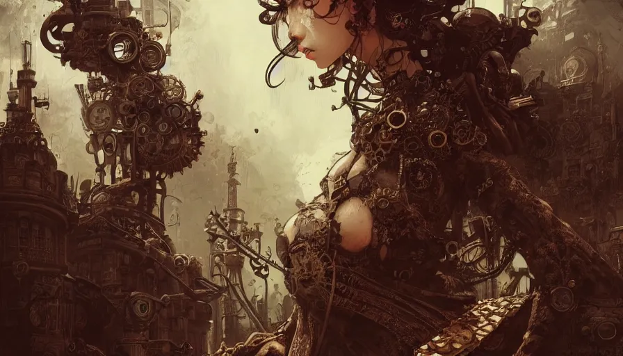 Prompt: ultra wide picture, steampunk, masterpiece, pinup, mcfarlane, fibonacci, sweat drops, insane, horror, intricate, highly detailed, digital painting, artstation, concept art, smooth, sharp focus, illustration, unreal engine 5, 8 k, art by artgerm and greg rutkowski and alphonse mucha