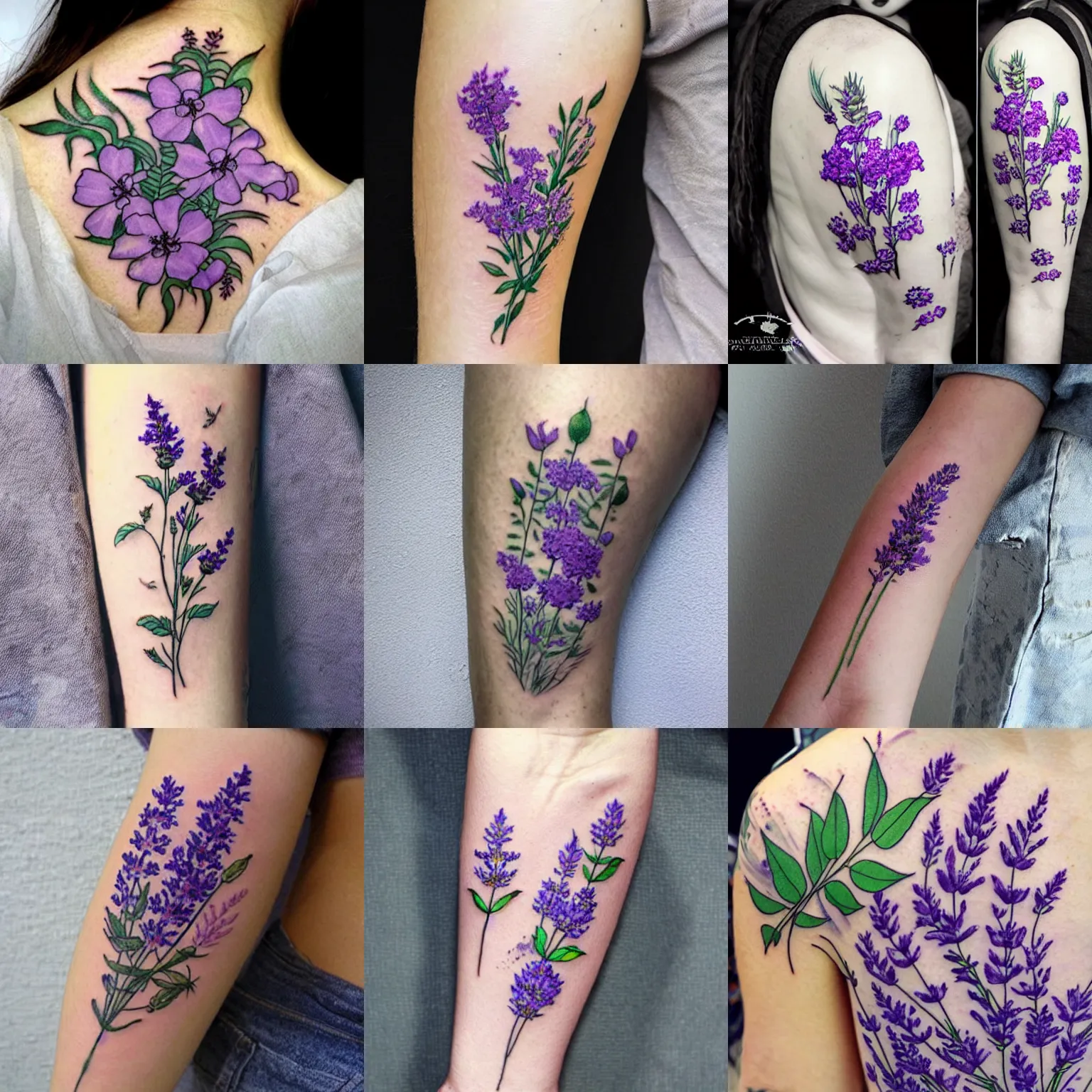 Prompt: botanical tattoo design of verbena and lavender flowers, inking on skin, art by studio ghibli