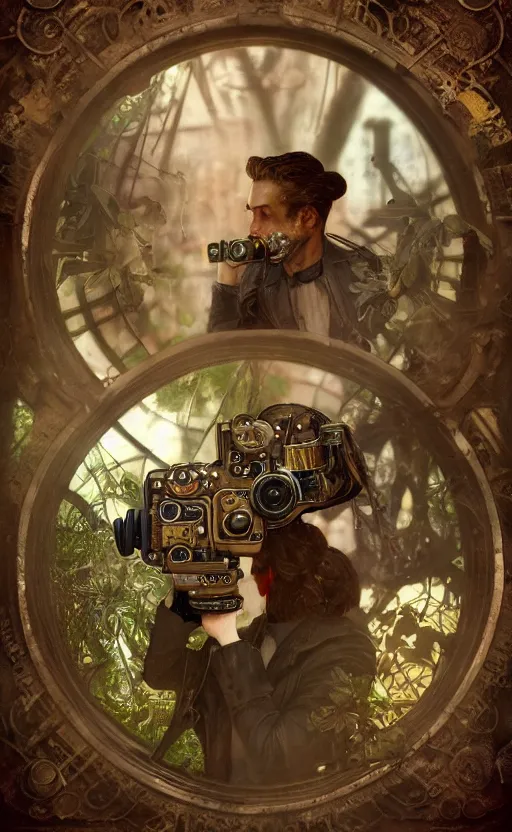 Image similar to hyper realistic male photographer looking through a vintage steampunk medium format camera, design on white background, beautiful details, lush foliage cyberpunk, gold, drawn by john singer sargent, tom bagshaw, norman rockwell, alphonso mucha, lolish, trending on artstation