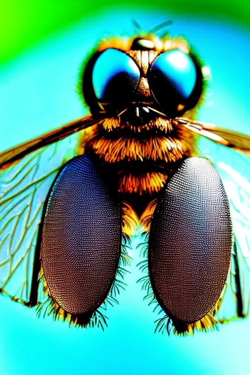 Prompt: high quality macro macro metallic tachinid fly! gorgeous highly detailed hannah yata elson peter cinematic turquoise lighting high quality low angle hd 8k sharp shallow depth of field