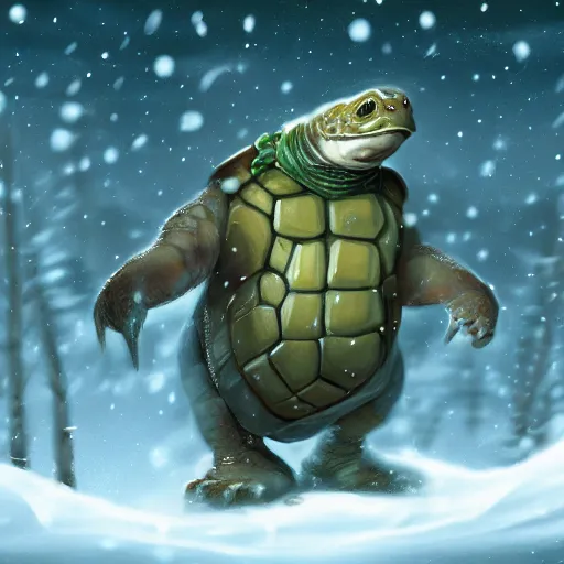 Image similar to anthropomorphic turtle humanoid, carapace, wlop, blizzard, winter, night, furs, fantasy