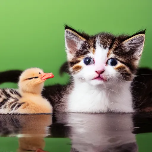 Prompt: 35mm macro shot a kitten bathing with a baby duck, studio lighting