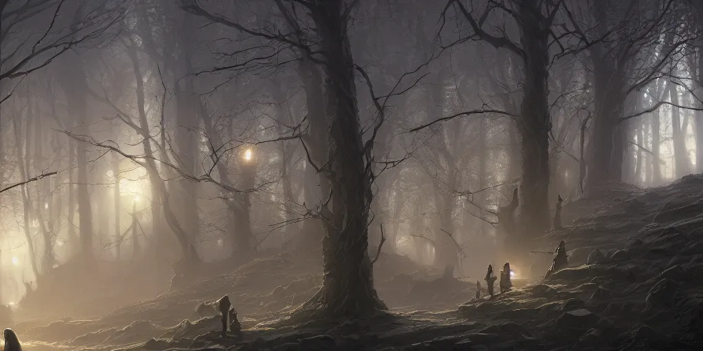 Prompt: Lost shadows left behind, by Andreas Rocha + Ted Nasmith, dark, cinematic lighting, masterpiece, highly detailed, 8k resolution, trending on art station