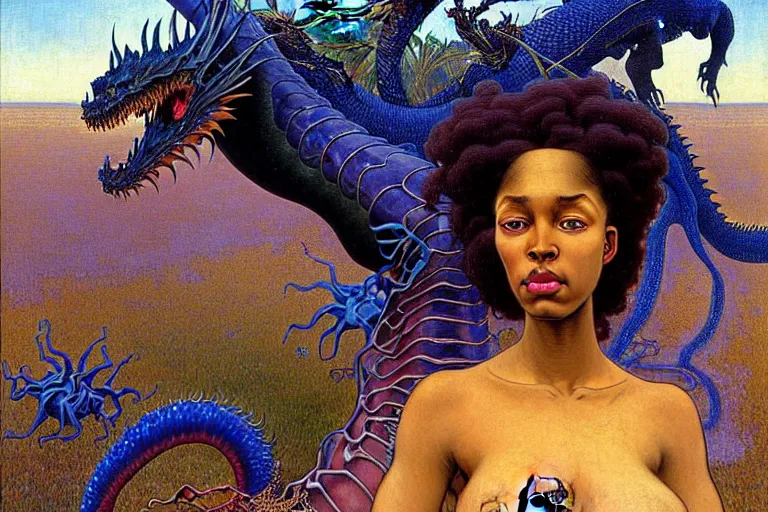 Prompt: realistic extremely detailed closeup portrait painting of a beautiful black woman, mutant dragon and a single old house on background by Jean Delville, Amano, Yves Tanguy, Ilya Repin, Alphonse Mucha, Ernst Haeckel, Edward Robert Hughes, Roger Dean, rich moody colours