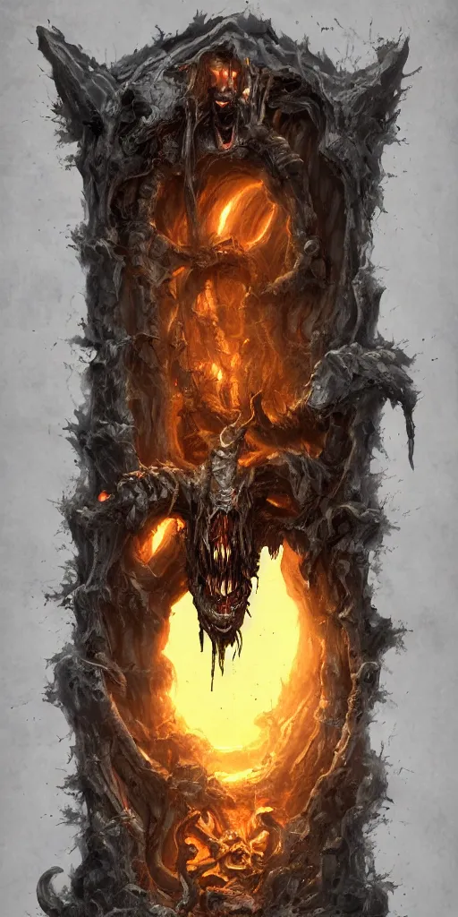 Prompt: portal containing mummified demon lord, dark, gritty, damaged, hellfire, hostile, demonic, diabolic, cinematic light, on artstation