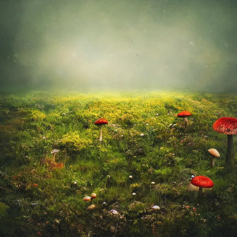 Image similar to a planet of various fungus, mushrooms, flowers and plants, inside the picture is infinity, Atmospheric, artistic photography, conceptual, long exposure outside the city, volumetric light