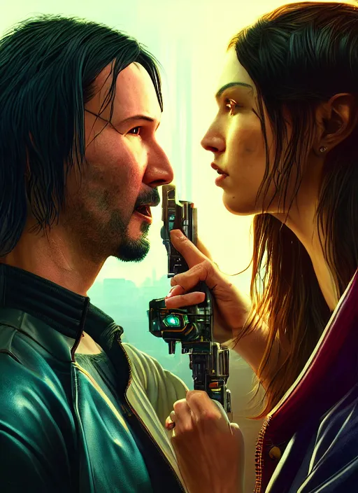 Image similar to a cyberpunk 2077 srcreenshot couple portrait of Keanu Reeves & female android in final kiss,love,film lighting,by Laurie Greasley,Lawrence Alma-Tadema,Dan Mumford,artstation,deviantart,FAN ART,full of color,Digital painting,face enhance,highly detailed,8K,octane,golden ratio,cinematic lighting