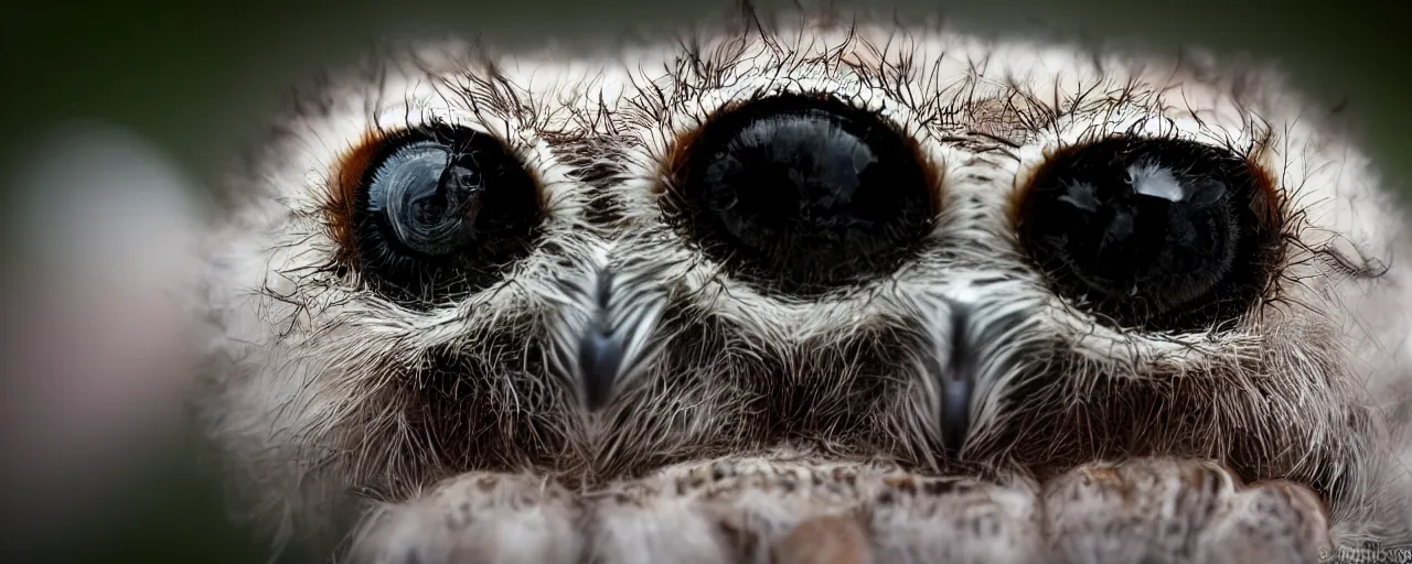 Prompt: a jumping spider mixed with an owl, hybrid creature, by Stanley Kubric, anamorphic lens, macro shot, bokeh, kodak color film stock, realistic, hyper detailed