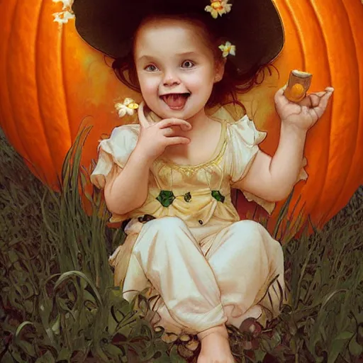 Prompt: a cute happy baby sitting inside a pumpkin. beautiful cute highly detailed face. halloween themed painting by artgerm and greg rutkowski and alphonse mucha.