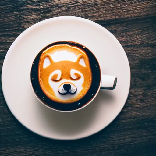 Prompt: close up photo of a cup of coffee, the foam has a shiba inu face, tasty. food photography, photorealistic, beautiful, bokeh, 4 k.