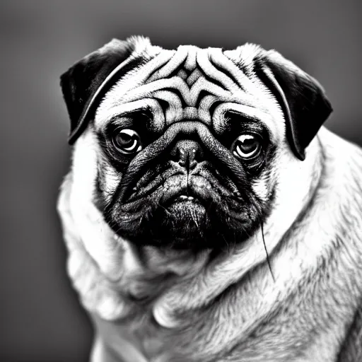 Image similar to a buffed pug with muscles, black and white, intricate, masterpiece, stunning