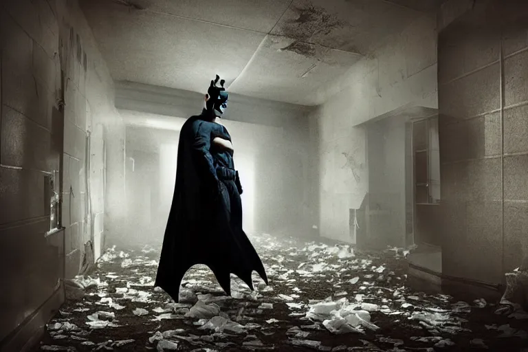 Image similar to batman covered in toilet paper, chasing through old brown decrepit hallway, creepy smile, atmospheric eerie lighting, photorealistic face, dim lighting, bodycam footage, motion blur, photography