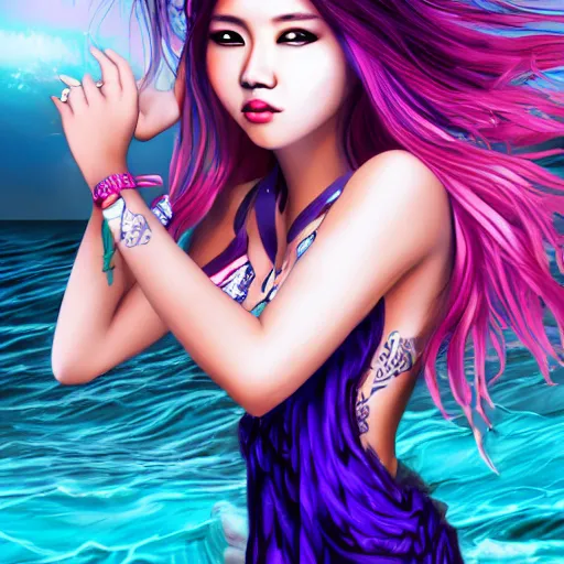 Prompt: beautiful asian girl with tattoo's and blue pink purple hair looking in the camera with sea with big waves in the background, portrait, 8 k, digital art, detailed realistic eyes.