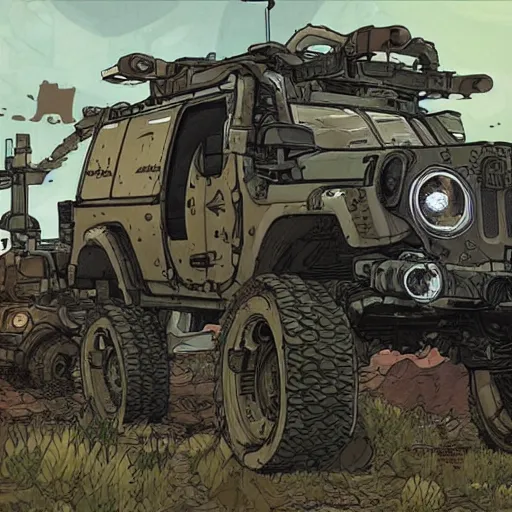 Image similar to froggy mech jeep concept borderland that looks like it is from Borderlands and by Feng Zhu and Loish and Laurie Greasley, Victo Ngai, Andreas Rocha, John Harris