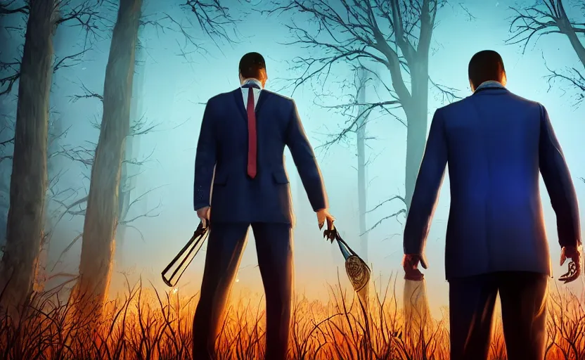 Image similar to cinematic view from behind a dead by daylight killer lawyer wearing a blue business suit, character portrait, digital art