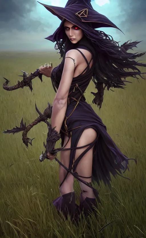 Image similar to medium shot of dark elf witch in field, sunny, highly detailed, d & d, fantasy, highly detailed, digital painting, trending on artstation, concept art, sharp focus, illustration, global illumination, ray tracing, realistic shaded, art by artgerm and greg rutkowski and fuji choko and viktoria gavrilenko and hoang lap