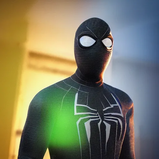 Image similar to black spider - man suit with green web lining, cinematic, volumetric lighting, realistic, hyperdetailed, photorealistic, photograph