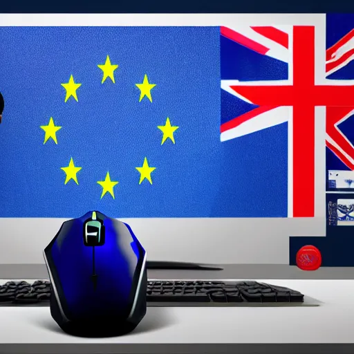 Image similar to european union eu hybrid influencer on blue shirt sitting on chair with eu flag on computer playing games on led keyboard and gaming mouse in style of American propaganda poster, big nosed, eu flag, european union flag, dark and gloom, extremely detailed oil painting, open room, highly detailed, trending on artstation, concept art, sharp focus, illustration, art by artgerm and greg rutkowski and magali villeneuve