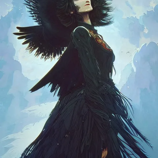 Prompt: Howl's Moving Castle, Howl as a black raven, intricate, elegant, highly detailed, digital painting, artstation, concept art, smooth, sharp focus, illustration, art by artgerm and greg rutkowski and alphonse mucha and francisco goya