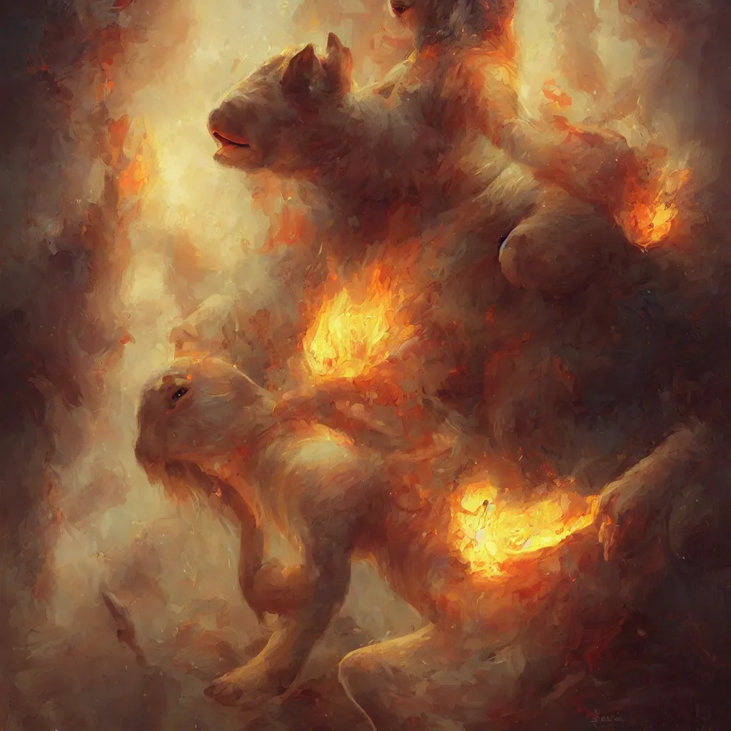 Prompt: capybara on fire, digital oil painting in the style of Tom Bagshaw, Cedric Peyravernay, Peter Mohrbacher