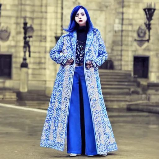 Image similar to fashion 2 0 5 0 fantastic openwork long coat with intricate pattern on a beautiful symmetrical girl with blue hair, hyper realistic photos