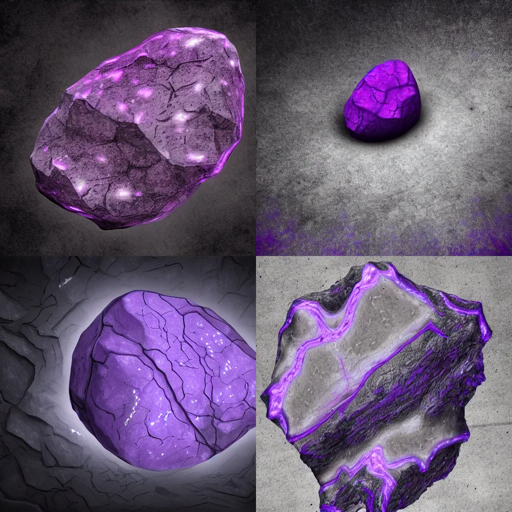 Prompt: a lump of grey rock with purple glowing veins on black background, digital art, highly detailed, fantasy art