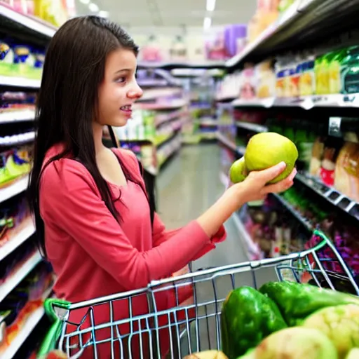 Prompt: teenage female goblin buying in grocery store, oil paint