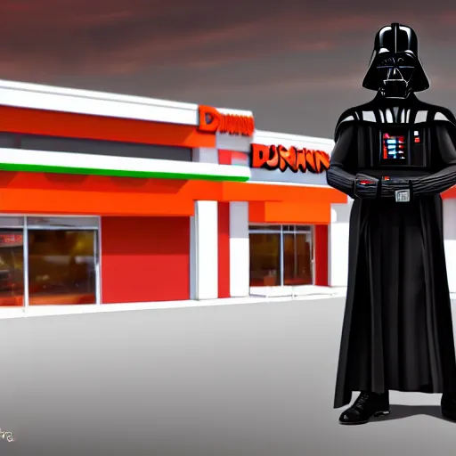 Image similar to darth vador working at dunkin donuts , 8k cinematic lighting, very sharp detail, anatomically correct