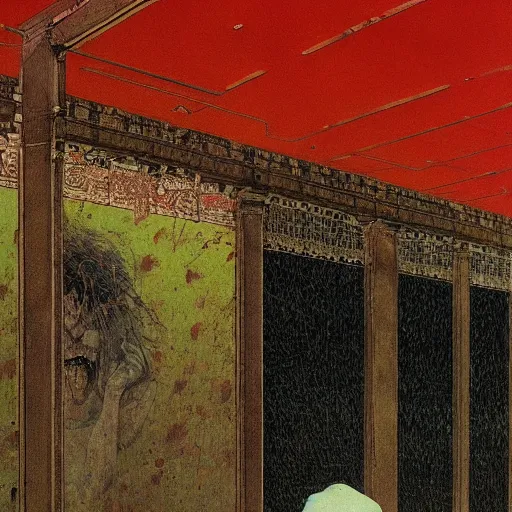 Image similar to realistic detailed image of an old cinema. Beksinski painting, part by Adrian Ghenie and Gerhard Richter. art by Takato Yamamoto. masterpiece