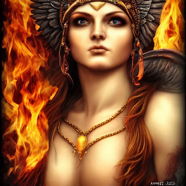 Image similar to perfectly centered close up portrait, goddess of fire, perfect human female specimen, candid photography, by anne stokes, highly detailed