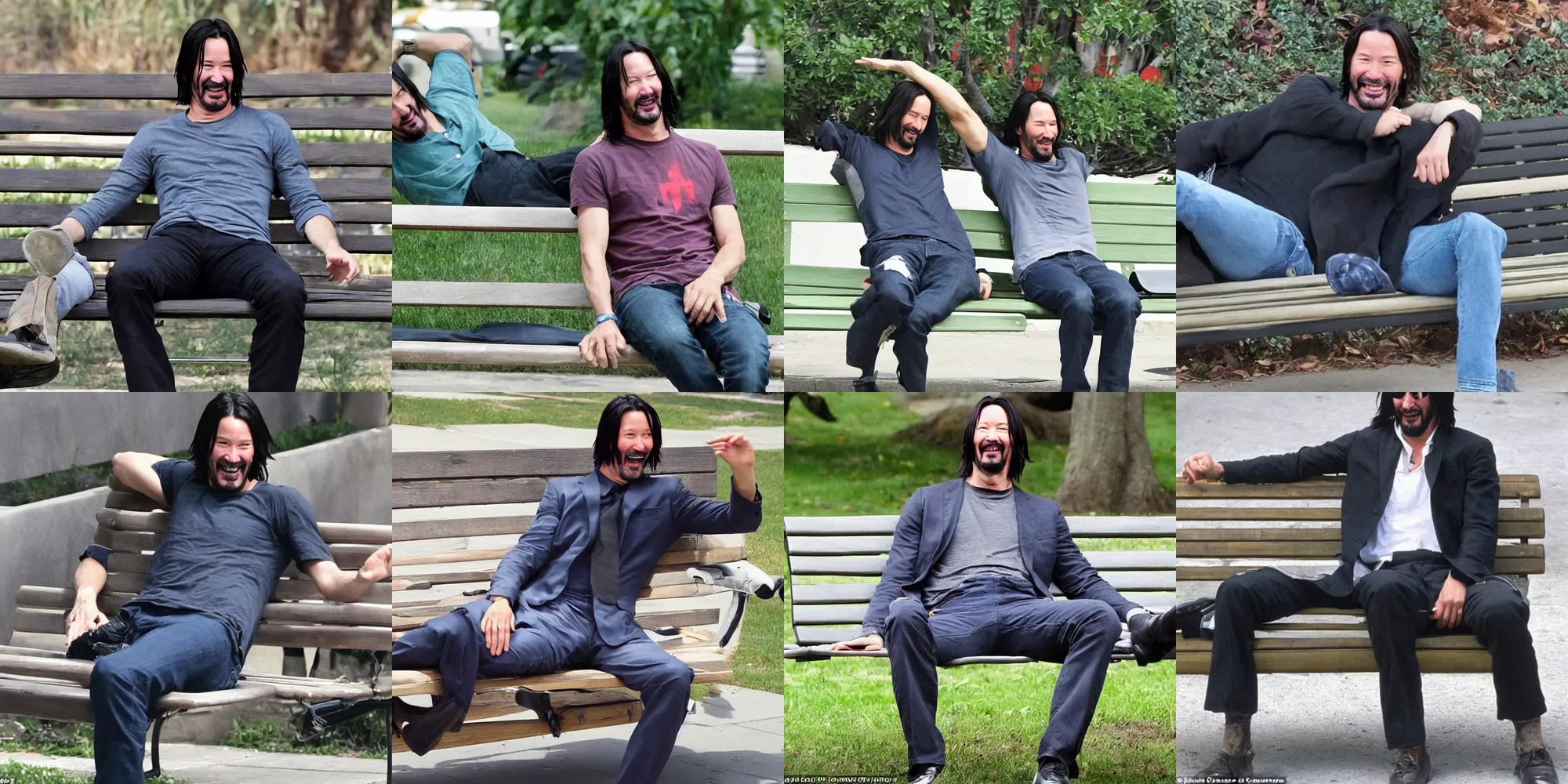 Prompt: keanu happily leaning back on a park bench, enjoying life to its fullest, full of joy, candid photo