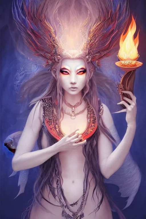 Image similar to gorgeous!!! hyper - realstic kitsune sorceress, holding a tattered magical book, casting a flame spell, blue flames, surrounded by tiny spirits, tribal face markings | drawn by wlop, drawn by jeehyung lee, drawn by artgerm | fantasy, dark, intricate, highly detailed, digital painting, character design, concept art, illustration, artstation