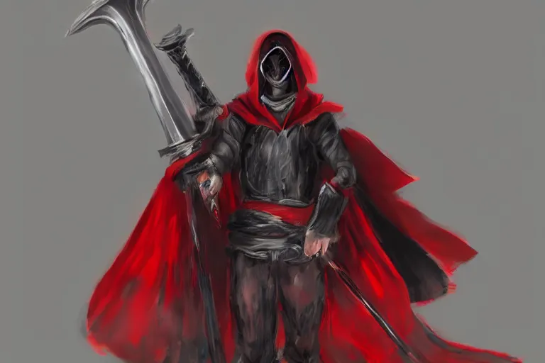 Image similar to a twin blade muscular swordsman, red and black cape and hoodie, scary, intimidating, worn out clothes, torn clothes, concept by James Paick