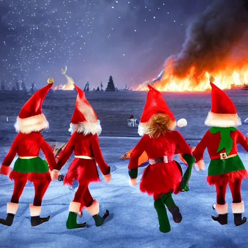 Prompt: angry christmas elves, north pole, buildings on fire in background, high detail, 8 k,